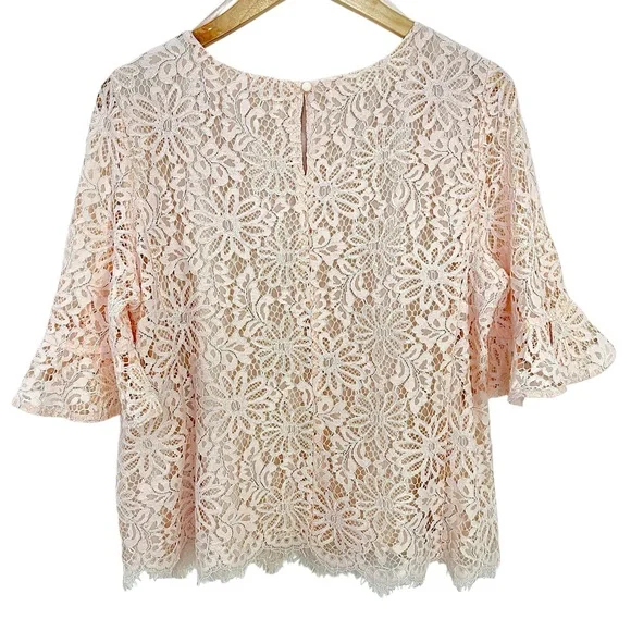 Nanette Lepore Floral Lace Crew Neck Bell Sleeve Top Shirt Large Light Pink - Picture 7 of 14